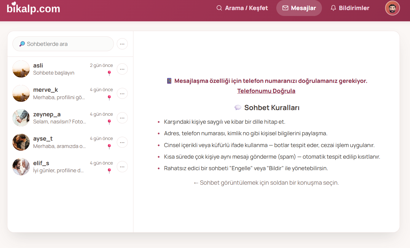 bikalp Mesajlaşma sayfasının gerçek ekran görüntüsü